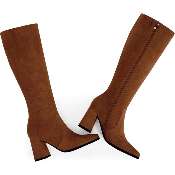 Women's Brown suede Modatope Knee Toe Side Zipper High Heel Square Long boots - Picture 4 of 7